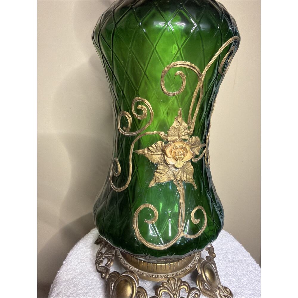 Table Lamp Green Diamond Glass Hollywood Regency MCM Antique Rose Tokyo Japan - Picture 8 of 16